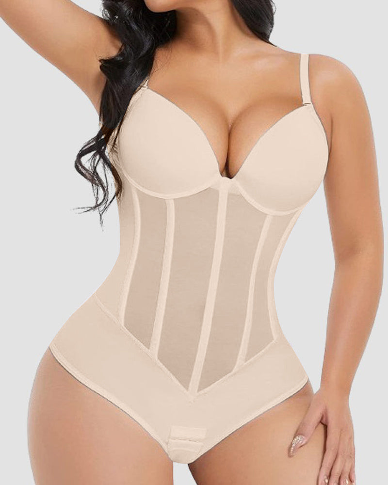 Shapshe® Damen Bauchweg Tanga Durchsichtiges Mesh Korsett-Oberteil Rückenfreier Bodysuits