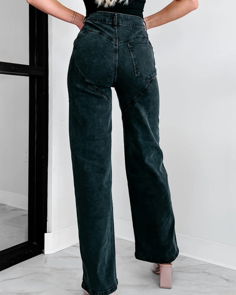 Hoch Taillierte Verwaschene Jeans Weitem Bein Verziertem Ausschnitt