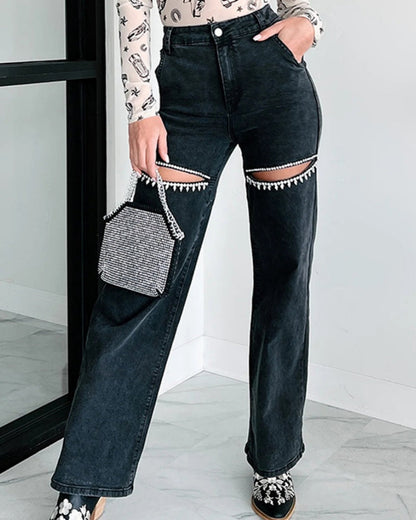 Hoch Taillierte Verwaschene Jeans Weitem Bein Verziertem Ausschnitt