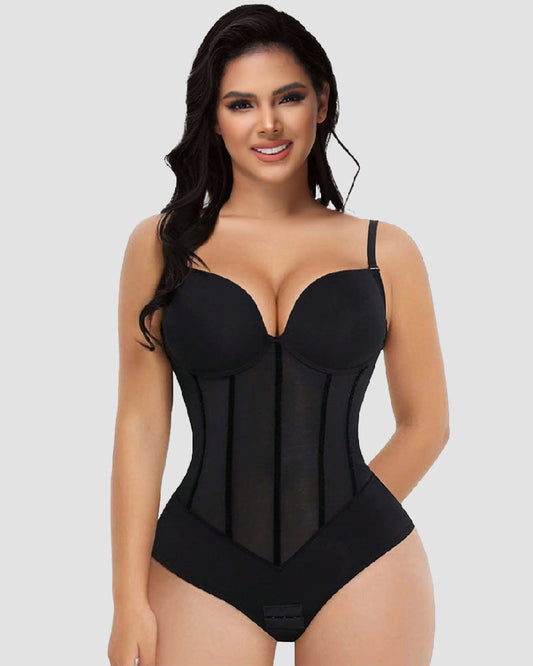 Shapshe® Damen Bauchweg Tanga Durchsichtiges Mesh Korsett-Oberteil Rückenfreier Bodysuits