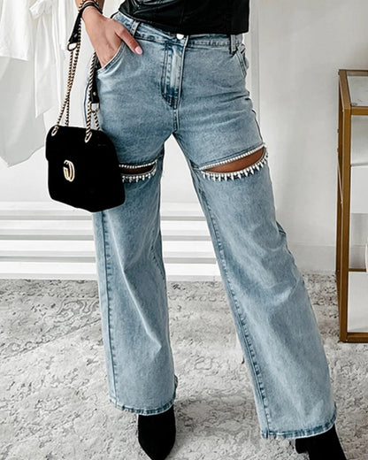 Hoch Taillierte Verwaschene Jeans Weitem Bein Verziertem Ausschnitt