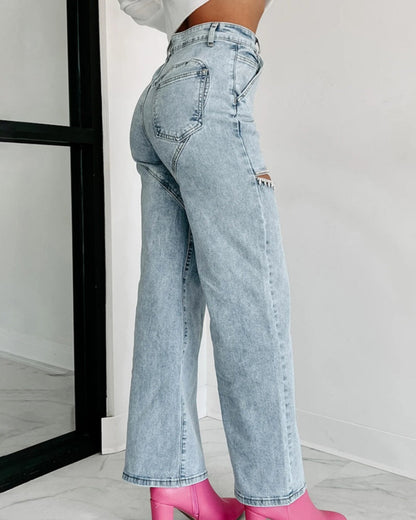 Hoch Taillierte Verwaschene Jeans Weitem Bein Verziertem Ausschnitt
