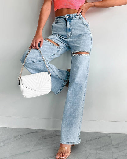 Hoch Taillierte Verwaschene Jeans Weitem Bein Verziertem Ausschnitt