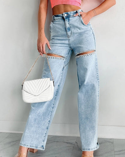Hoch Taillierte Verwaschene Jeans Weitem Bein Verziertem Ausschnitt