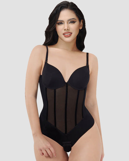 Shapshe® Damen Bauchweg Tanga Durchsichtiges Mesh Korsett-Oberteil Rückenfreier Bodysuits