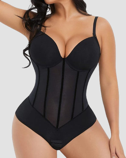 Shapshe® Damen Bauchweg Tanga Durchsichtiges Mesh Korsett-Oberteil Rückenfreier Bodysuits