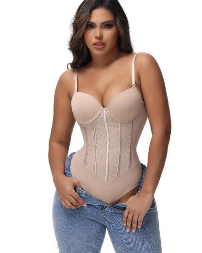 Shapshe® Damen Bauchweg Tanga Durchsichtiges Mesh Korsett-Oberteil Rückenfreier Bodysuits