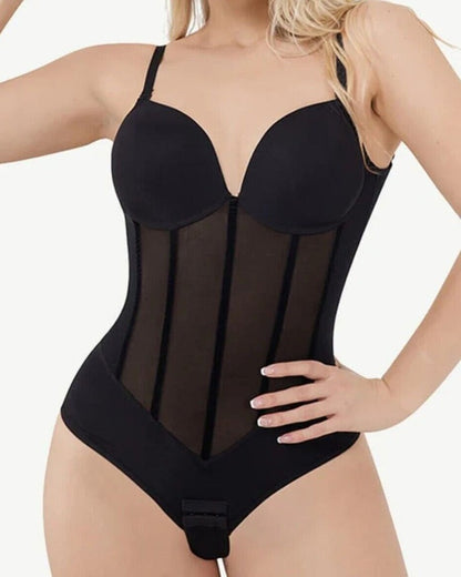 Shapshe® Damen Bauchweg Tanga Durchsichtiges Mesh Korsett-Oberteil Rückenfreier Bodysuits