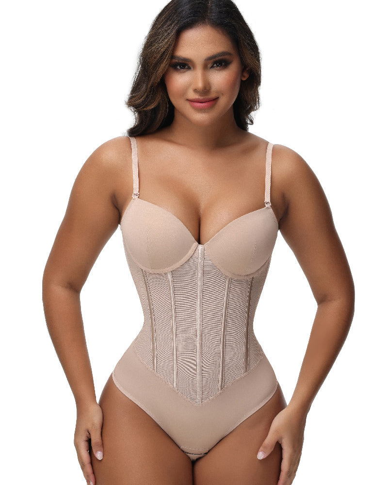 Shapshe® Damen Bauchweg Tanga Durchsichtiges Mesh Korsett-Oberteil Rückenfreier Bodysuits