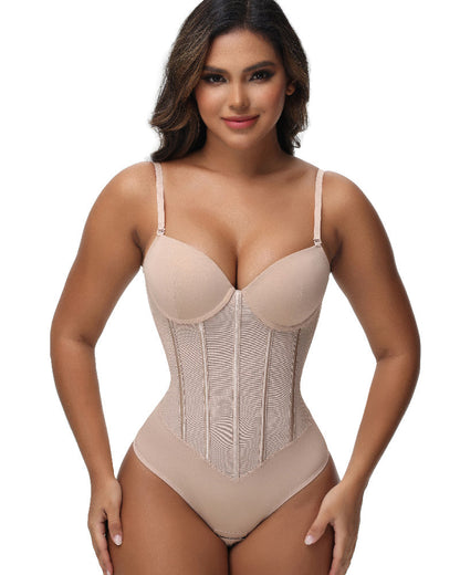 Shapshe® Damen Bauchweg Tanga Durchsichtiges Mesh Korsett-Oberteil Rückenfreier Bodysuits