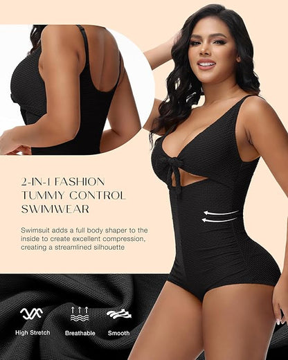 Shapshe® Damen Bauchweg Badeanzug Cut-Out Knoten Vorne Push Up Eingebauter Shapewear Badeanzug