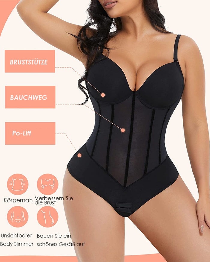 Shapshe® Damen Bauchweg Tanga Durchsichtiges Mesh Korsett-Oberteil Rückenfreier Bodysuits