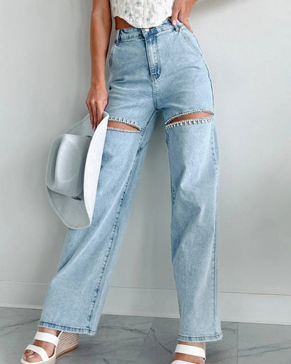 Hoch Taillierte Verwaschene Jeans Weitem Bein Verziertem Ausschnitt