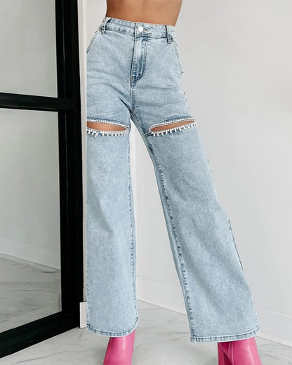 Hoch Taillierte Verwaschene Jeans Weitem Bein Verziertem Ausschnitt