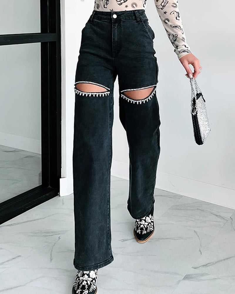 Hoch Taillierte Verwaschene Jeans Weitem Bein Verziertem Ausschnitt
