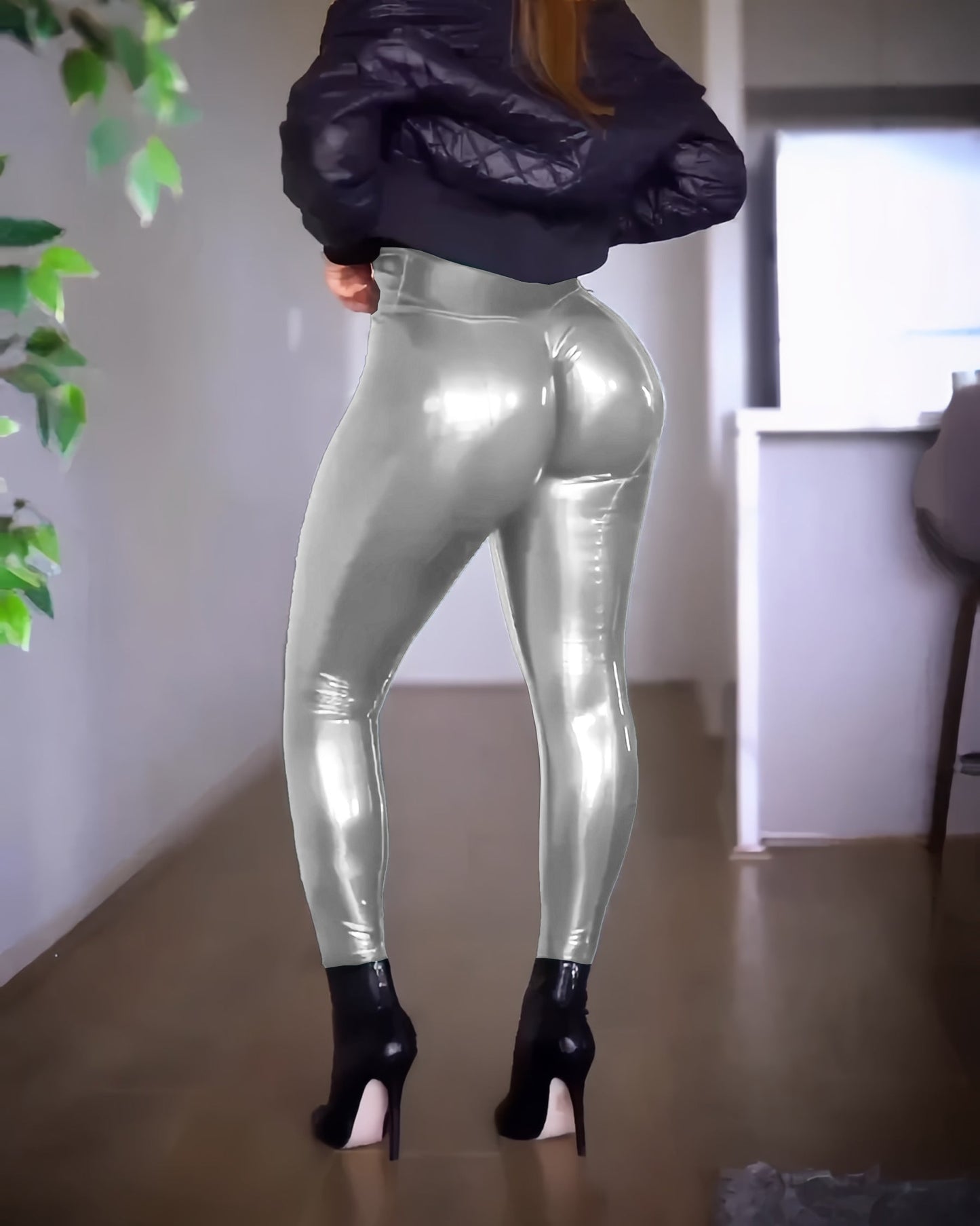 Shapshe® Hoch taillierte Po Lifter Leggings aus glänzendem Kunstleder Leder Hosen