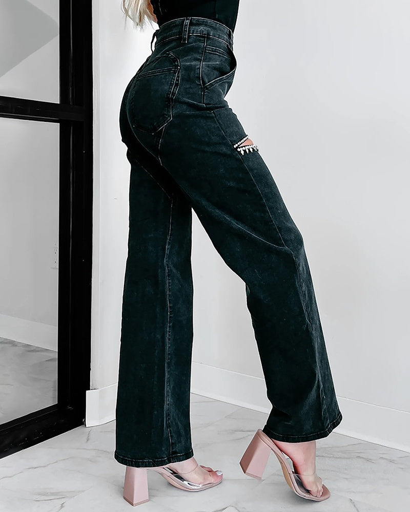 Hoch Taillierte Verwaschene Jeans Weitem Bein Verziertem Ausschnitt