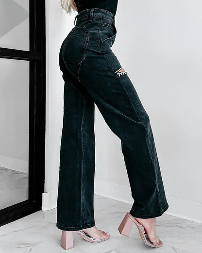 Hoch Taillierte Verwaschene Jeans Weitem Bein Verziertem Ausschnitt