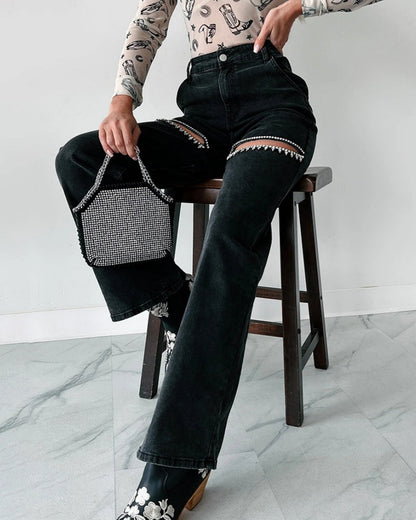 Hoch Taillierte Verwaschene Jeans Weitem Bein Verziertem Ausschnitt