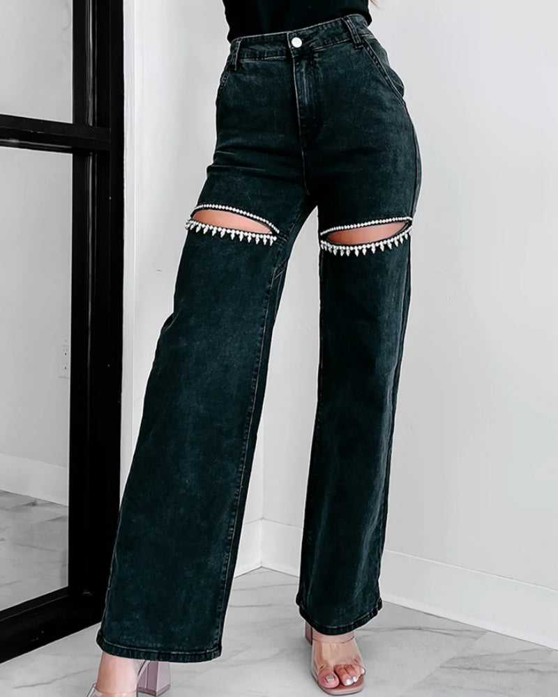 Hoch Taillierte Verwaschene Jeans Weitem Bein Verziertem Ausschnitt